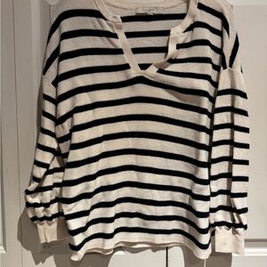 LOFT Cream and Black Striped V-Neck Sweatshirt